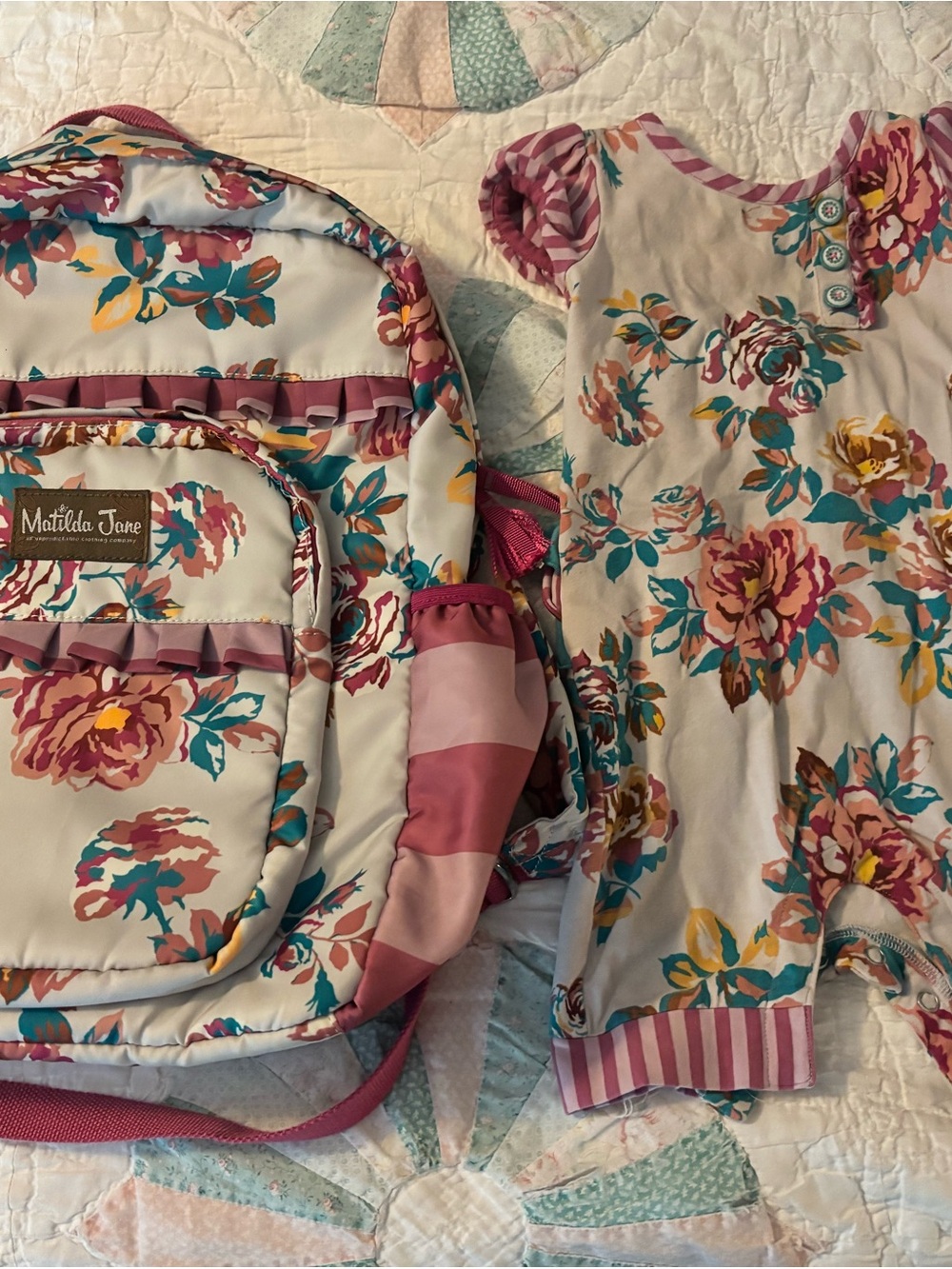 Matilda Jane Floral Backpack and Romper in Pink, Teal, Yellow